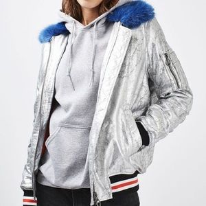 Topshop Silver Bomber Jacket with Blue Fur Collar